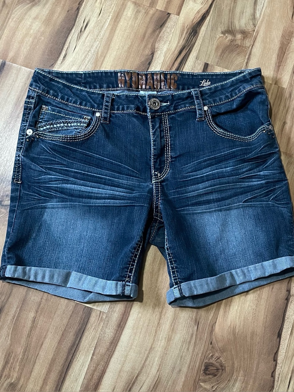 Hydraulic Lola Curvy Blue Jean Shorts Cuffed Mid Rise Thick Stitching 17/18